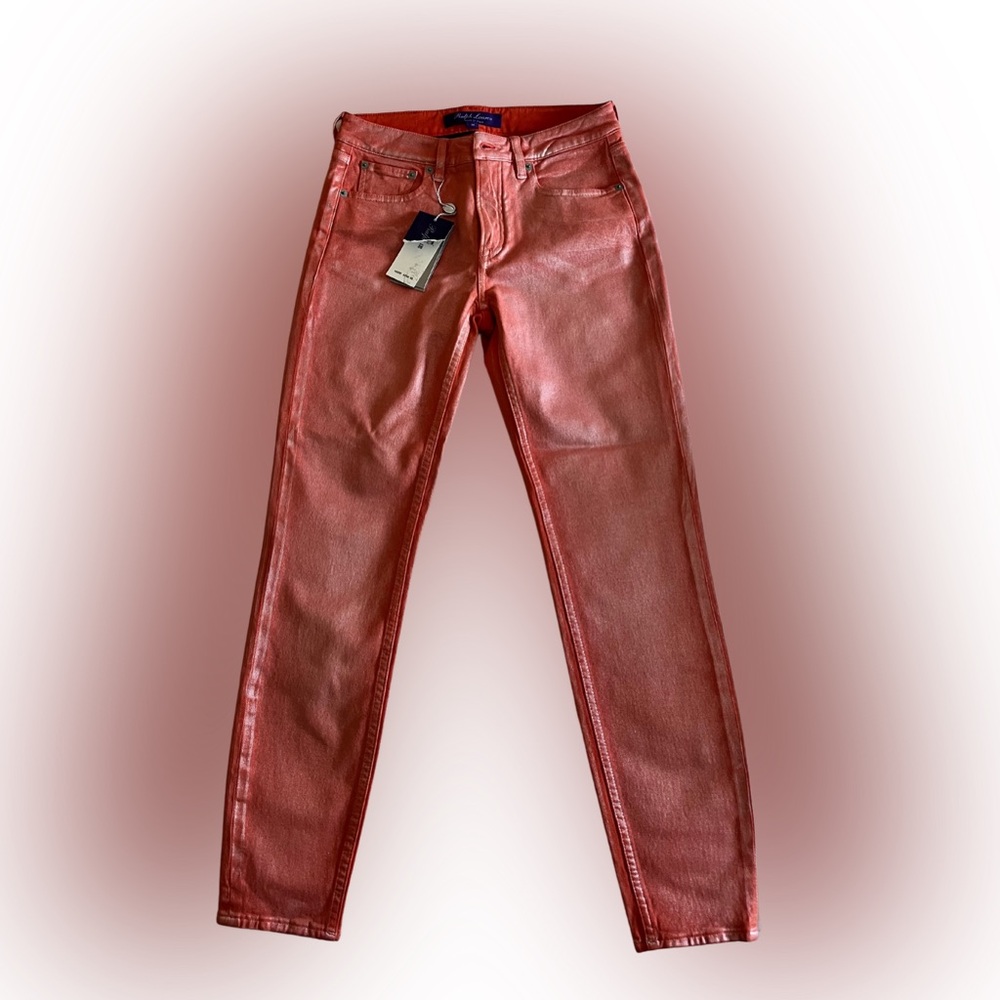 Ralph Lauren mandarin coral coated denim skinny ankle jeans
